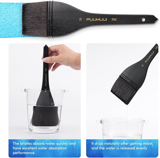 Flat Watercolor Brushes, Fuumuui 70mm Professional Squirrel Hair Flat Hake Brushes, Artists Scale Large Paint Brush with Long Handle for Watercolor and Acrylic Paints