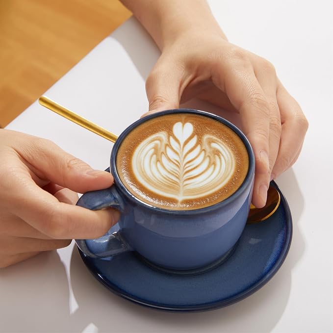 Pokini Stoneware Coffee Cups with Saucers, 6 Oz Cappuccino Cups Set of 4, Microwave & Dishwasher Safe, Perfect For Tea, Espresso, Latte, Ceramic Mugs for Kitchen or Cafe, Light Blue