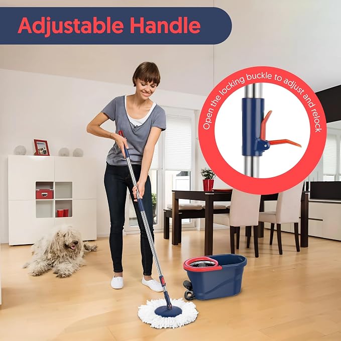 Spin Mop and Bucket with Wringer Set, 360° Rotating Microfiber Mop, Adjustable Handle, Hands-Free Wringing, Reusable Mop Heads (Red mop and Bucket + 5 mop Head)