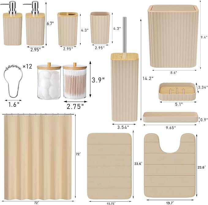 XLHOMO Bathroom Set- 25PC Beige Bathroom Set, Bathroom Set with Shower Curtain and Rugs, Beige Shower Curtain Set, Toilet Brush, Bathroom Trash Can