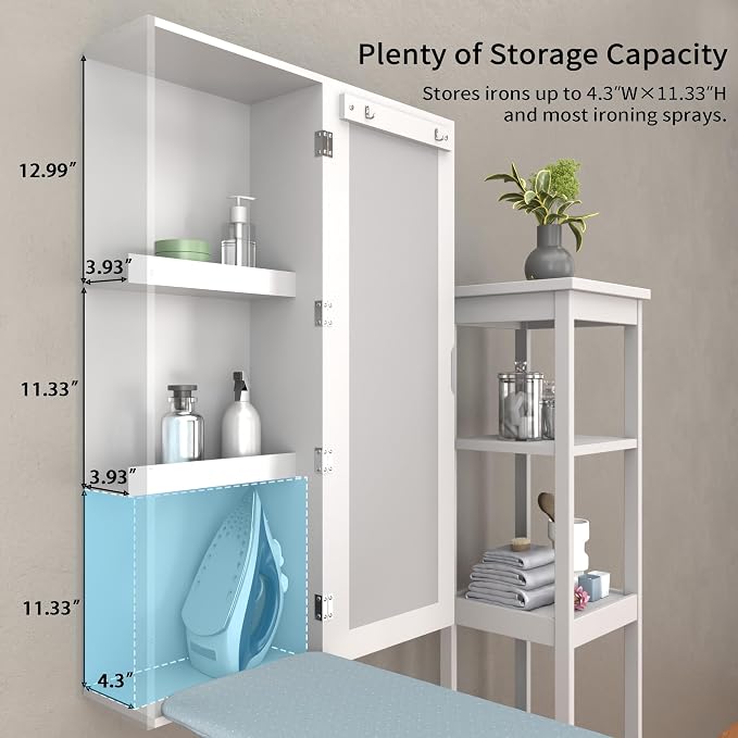 Wall Mounted Ironing Board with Storage Cabinet,Built in Ironing Board & Folding Support Leg, Wall-Mounted Mirrors for Home, Apartment & Small Spaces | 2 Garment Hooks | 2 Organizer Shelves | Foldable Leg & Holds 85lbs | Fits All Spray Bottles | No Ass...