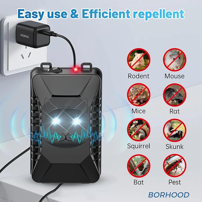 BORHOOD Ultrasonic Rodent Repellent, 2 Pack Plug-in Mouse Rat Pest Bat Squirrels Repellent for Car with Battery Powered Under Hood, Keep Mice Out of Cars Engines, Indoor, Garage, Storage Room-Black
