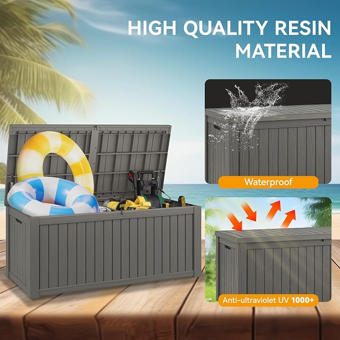 Outdoor Storage Box, 230 Gallon Large Outdoor Resin Deck Box, Storage Waterproof Boxes Lockable Lid for Garden Tools, Pool Supplies, Patio Furniture and Cushions, Grey