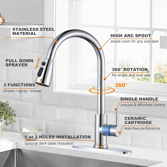 Chrome Kitchen Faucet with Sprayer, WOWOW Pull Down Kitchen Sink Faucet Stainless Steel Utility Sink Faucet with Deck Plate, Kitchen Tap for RV, Laundry, Bar