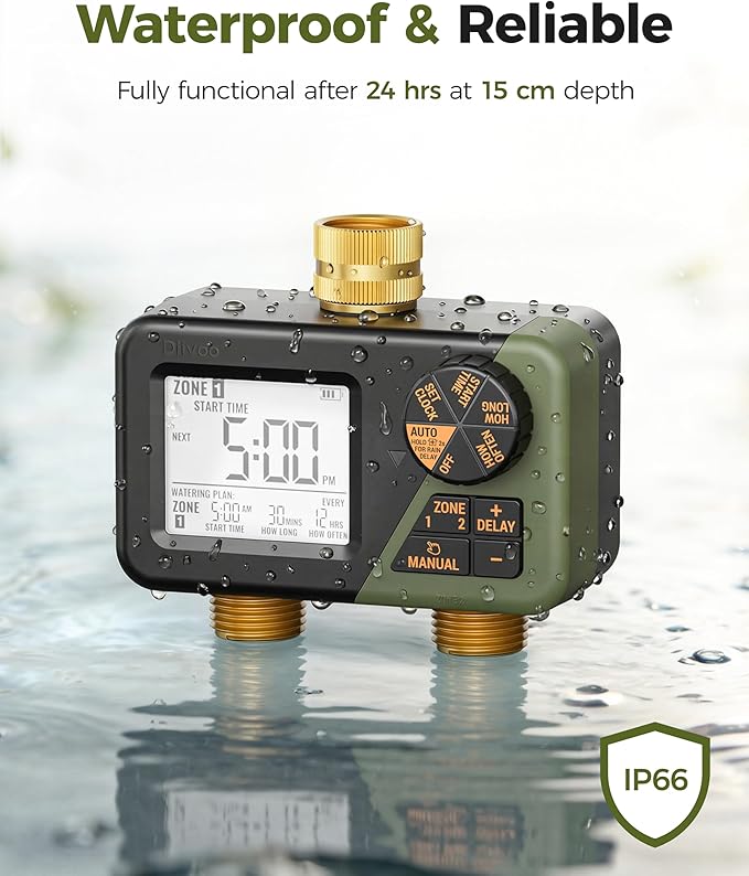 Diivoo Brass Sprinkler Timer 2 Zone, IP66 Waterproof Programmable Water Hose Timer 2 Outlet with Large Display, Rain Delay & Manual Watering for Outdoor Automatic Irrigation of Garden, Lawn, Yard