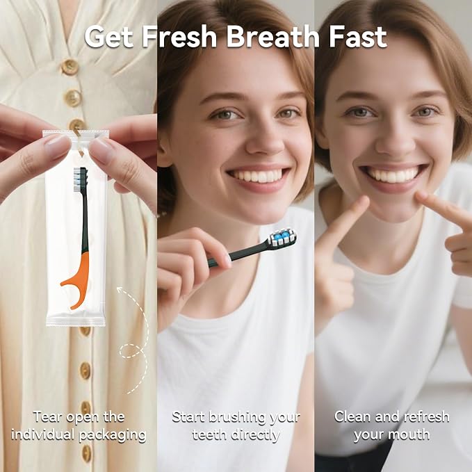 24Pack Disposable Toothbrushes with Toothpaste Pick Floss & Tongue Scraper | 5-in-1 Mini Prepasted Travel Toothbrush for Hotel Camping Flight Car Single Use Portable Individually Wrapped | Mint