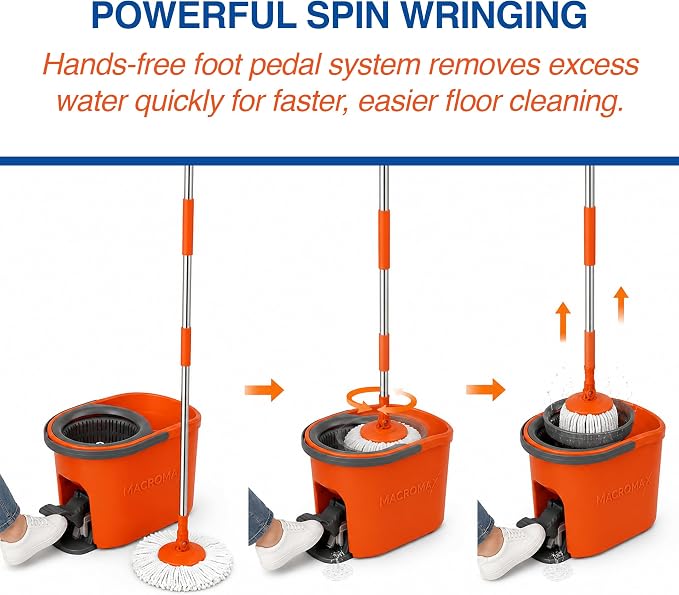 Macromax Force Spin Mop and Bucket Set with 9 Refills– Pedal-Activated Wringer System – 360° Microfiber Mop for Floor Cleaning – Ergonomic Handle – Wet or Dry Use – Hardwood, Tile & Laminate