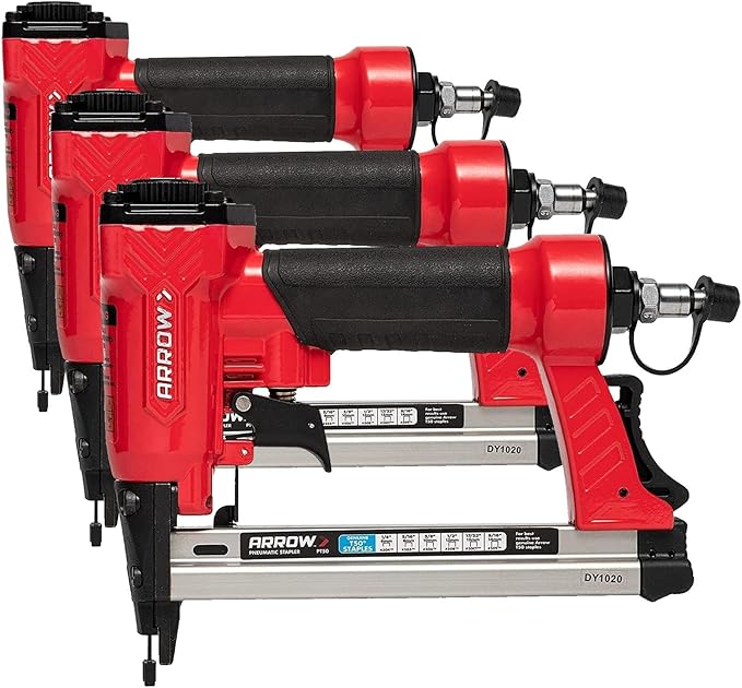 Arrow PT50 Oil-Free Pneumatic Staple Gun,Professional Heavy-Duty Stapler for Wood,Upholstery,Carpet,Wire Fencing,Fits 1/4”,5/16”,3/8",1/2",9/16” Staples,Red,(Pack of 3)
