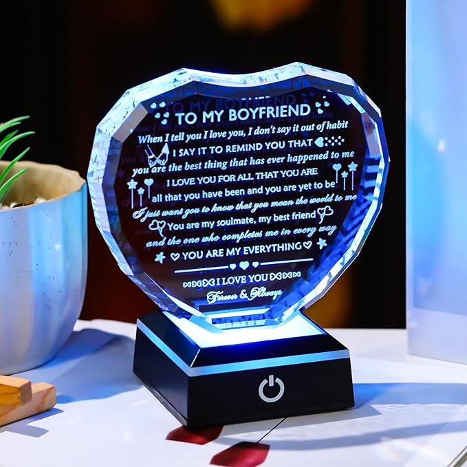 Arikyrist Romantic Gifts for Boyfriend with LED Base Boyfriend Anniversary Birthday Gifts Ideas from Girlfriend Crystal Heart to My Boyfriend I Love You Gift for Him on Valentine's Day Christmas