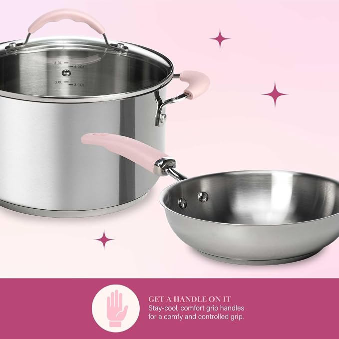 Paris Hilton Stainless Steel Pots and Pans Set with Stay-Cool Pink Handles, Tempered Glass Lids, Bonus Heart Shaped Measuring Cups and Spoons, Dishwasher Safe Cookware, 10-Piece Set