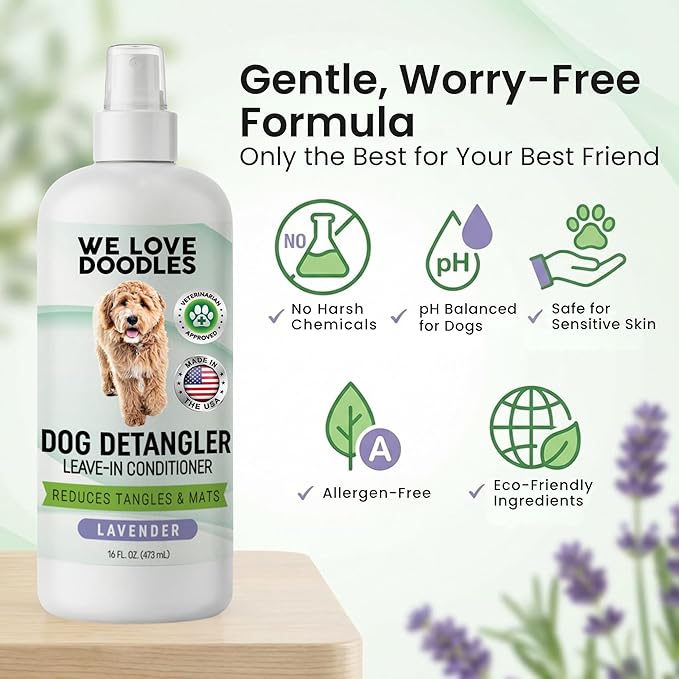 We Love Doodles Large Slicker Brush & Lavender Detangler Spray Pack - for Long-Haired Dogs, Dog Leave-In Conditioner for Reducing Mats, Knots & Tangles, Dematting & Conditioning Kit, 16 oz