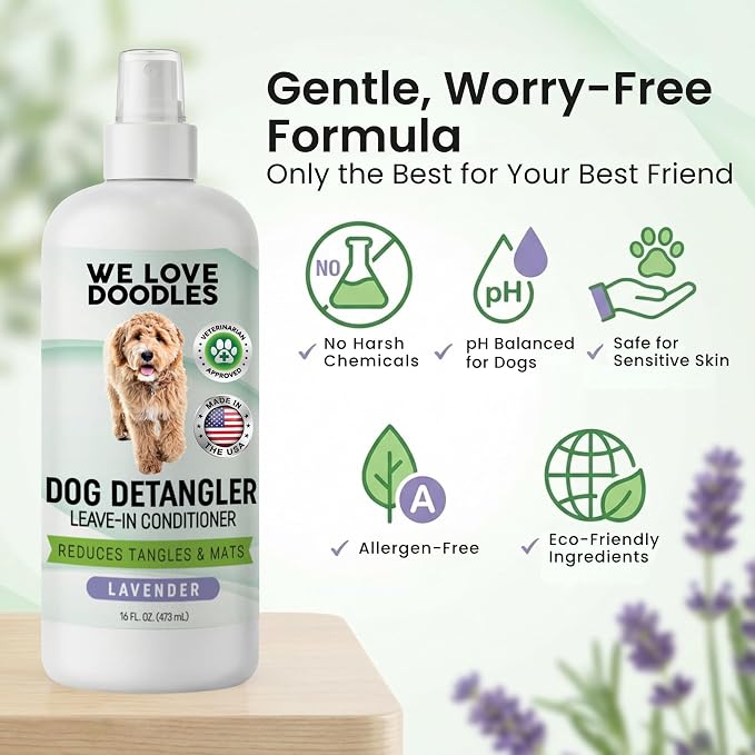 We Love Doodles Small Slicker Brush & Lavender Detangler Spray Pack - Dog Leave-In Conditioner for Reducing Mats, Knots & Tangles, Dematting & Conditioning Grooming Kit, 16 oz
