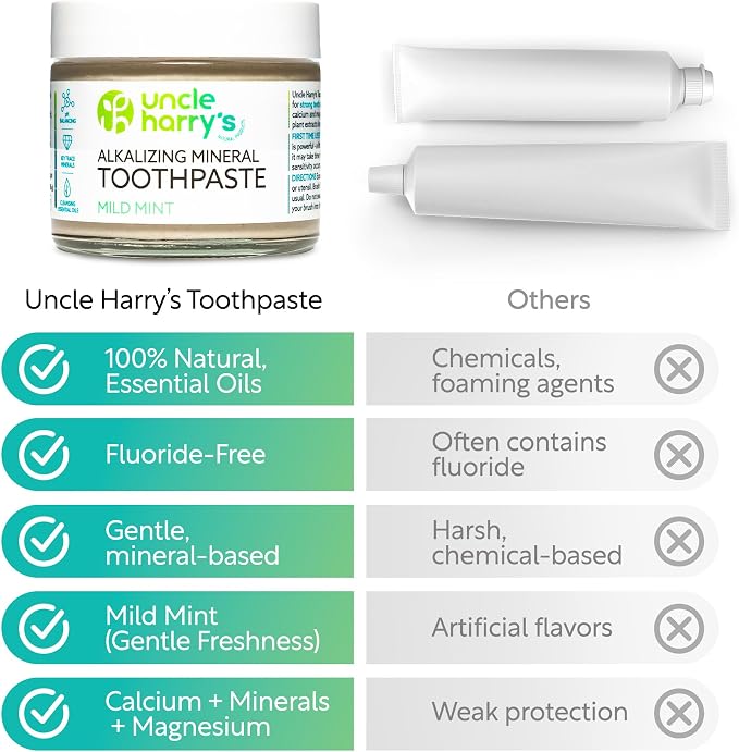 Uncle Harry's Mild Mint Remineralizing Toothpaste | Natural Whitening Freshens Breath & Promotes Enamel | Vegan Fluoride Free Toothpaste, 3 Oz