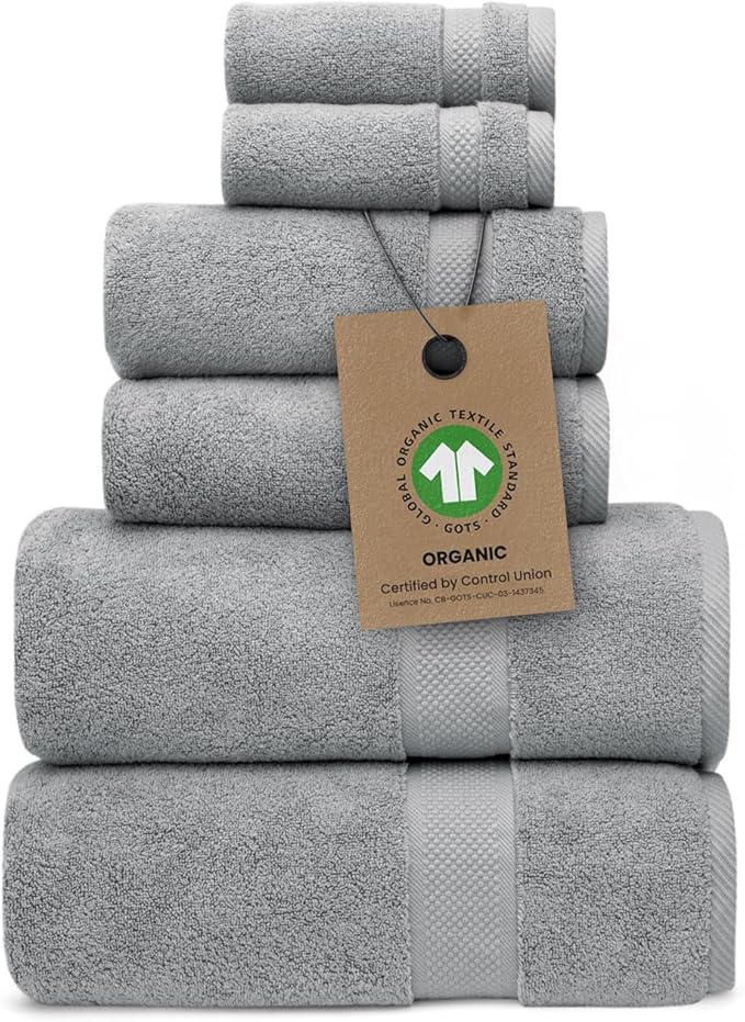 Alusa Home 100% Organic Zero-Twist Cotton Towels - GOTS Certified Luxury Bath Towels - Ultra Soft & Plush 700GSM Long-Staple Cotton - 6 Piece Towel Set (Pewter Grey)