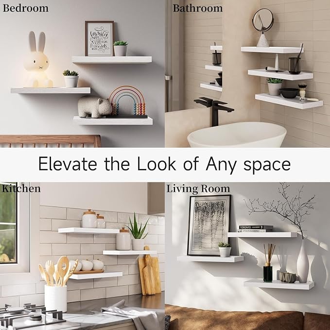BAYKA White Floating Shelves for Wall, Set of 3, Rustic Wood Wall Shelves with Metal Brackets for Bathroom, Bedroom, Kitchen, or Living Room Decor Organization, Sturdy Storage with 22lb Capacity