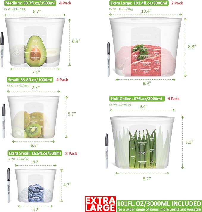 100% Silicone Reusable Storage Bag, 16 Pack Stand-Up Wide-Mouth Zip-Lock Food Storage Bags, Easy-Fill Easy-Open Easy-Clean Space-Saving, Microwave & Dishwasher Safe, 2 XL/4 L/4 M/4 S/2 XS, Translucent