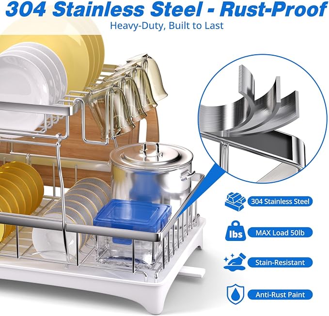 Godboat 2-Tier Dish Drying Rack - 304 Stainless Steel Dish Rack Auto Drain | Dish Racks for Kitchen Counter, Dish Drainer with Knife Fork & Cup Rack, Gifts for Women, Mothers Day, Kitchen Gadget, Silver