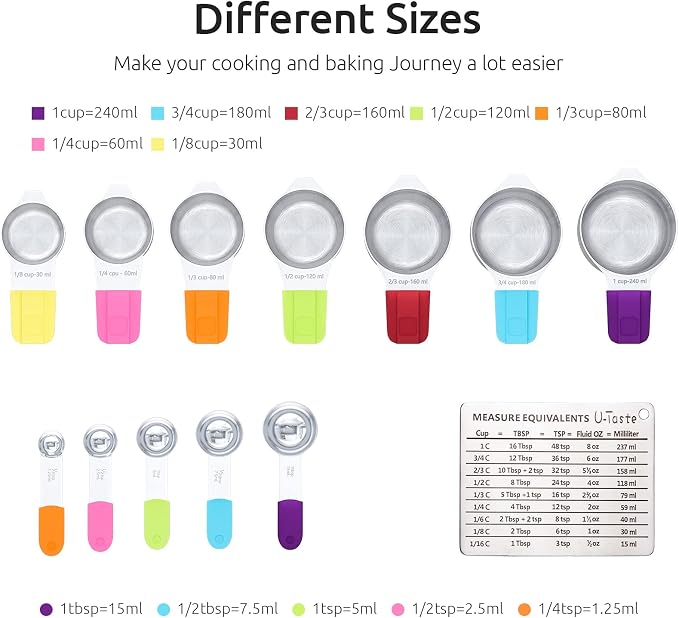 Measuring Cups, U-Taste Magnetic Measuring Cups and Spoons Set of 13 in 18/8 Stainless Steel: 7 Measuring Cups and 5 Measuring Spoons with 1 Professional Magnetic Measurement Conversion Chart