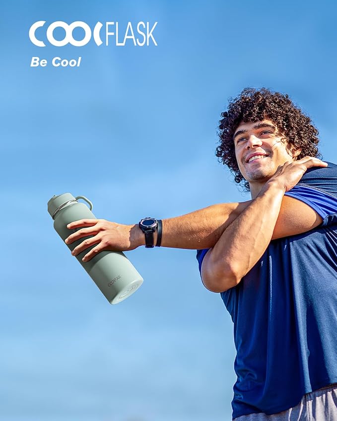 Coolflask Water Bottle 40 oz Insulated with Straw, Stainless Steel Metal 3 Lids Water Flask for Sports or Office, Keep Cold 48H Hot 24H, Grey Green