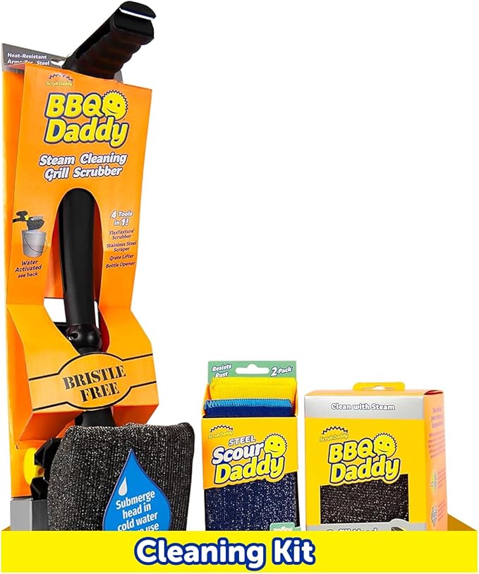 Scrub Daddy BBQ Daddy Grill Cleaner Kit - Bristle Free Grill Brush with Refill + 2 Steel Scour Daddy Grill Sponges - Built-in Grill Scraper - Temperature Controlled Grill Cleaning Tools (4 Count)