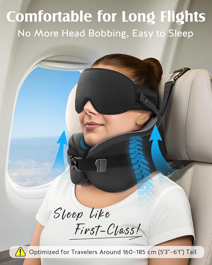 YFONG Travel Pillow for Long Flight Airplane, Head Strap Combo with 3D Contoured Sleep Eye Mask, Neck Pillow for Travel Essential, 360° Support Memory Foam Headrest, Prevent Bobbing, Drawstrap - Black