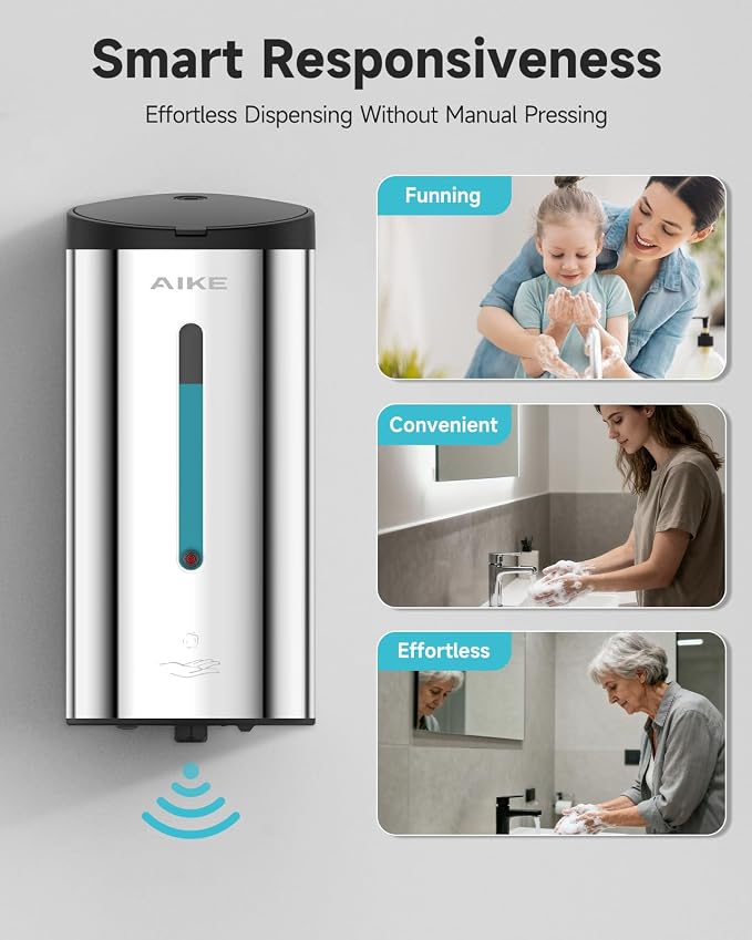 AIKE Automatic Foam Soap Dispenser 25oz for Bathroom,Polished AK1205FA | Rich Foam and Stainless Steel,No-drill and Screw Wall Mount,5-Level Adjustable and Key for Commercial(Batteries Not Included)
