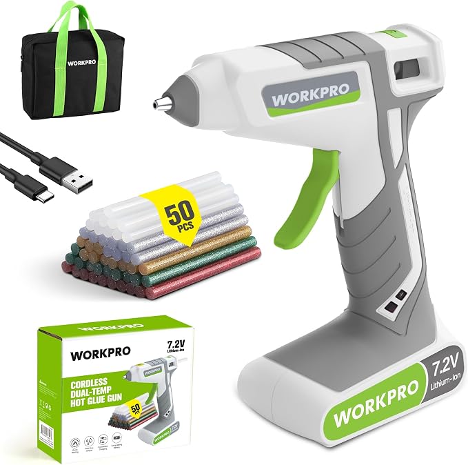 WORKPRO Cordless Hot Glue Gun, 30s Fast Preheating, 7.2V Dual-Temp Glue Gun Kit with 50pcs Glue Gun Sticks, Storage Bag, USB-C Charging Cord, 2600mAh Battery for DIY and Crafting, White