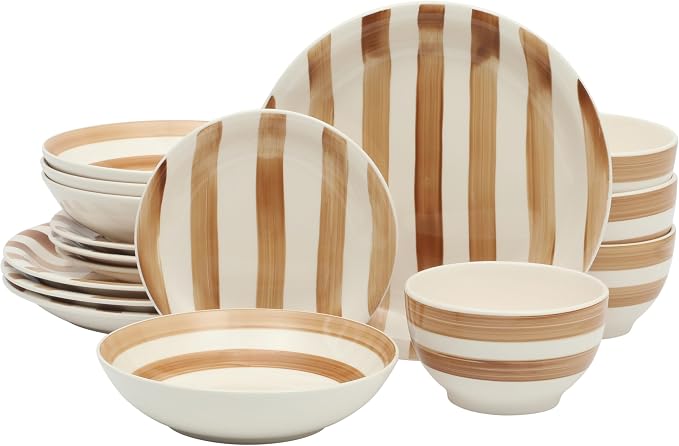 Gibson Home Kenwood Shores 16 Piece Dinnerware Set, Brown Striped, Stoneware, Hand-Painted Plates and Bowls, Service for 4, Microwave & Dishwasher Safe
