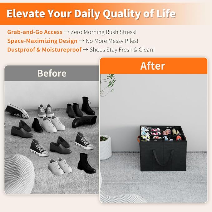 Aokeyee 2 Pack Shoe Organizer for Closet, Stackable Shoe Storage Box, Black | Fits up to 32 Pairs, Space Saving, Foldable, Shoes Organizer Bin with Clear Cover, 4 Reinforced Handles