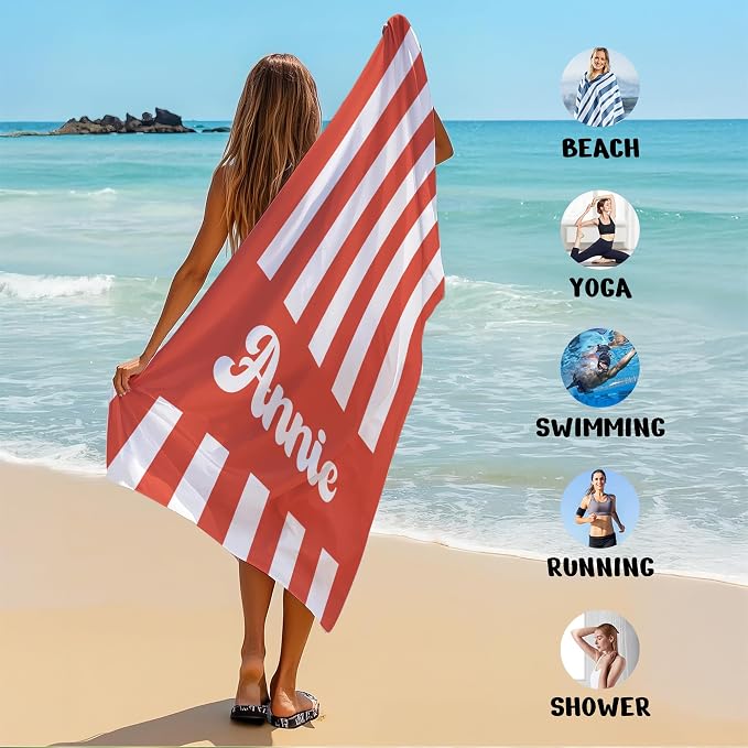 JML Personalized Beach Towel with Name, Custom Cabana Stripe Beach Towel, Customized Microfiber Pool Towel, Quick Dry & Absorbent Swim Towel for Adult,Mother's Day, Birthday, Summer Holiday,Vacation