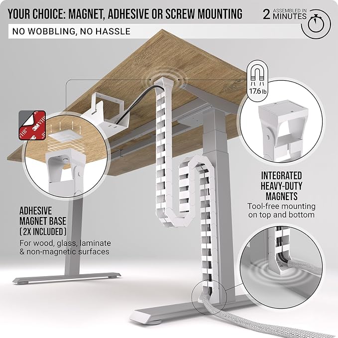 Ultimate Setup Under Desk Cable Management Vertebrae - Perfect for Sit Stand Desk - White, 133 cm