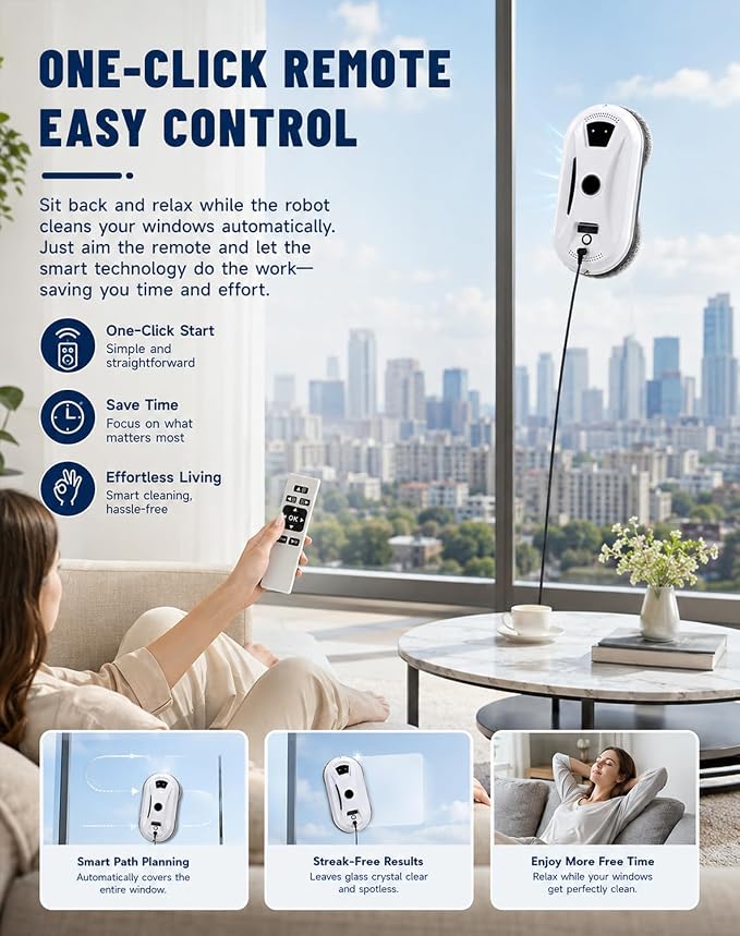Automatic Window Cleaning Robot, Robot Window Cleaner with AI Intelligent Positioning & Edge Detection & Powerful Suction, Anti-Drop Safety for High-Rise Glass & Large Bay Windows