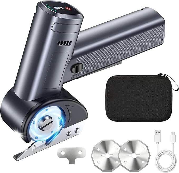 Cordless Electric Scissors Rechargeable, Smart Display Cardboard Box Cutter | 5 Speed and Battery Display Shear Cutting Tool with Storage Box Extra 2 Blades for Cardboard, Fabric, Leather DIY, Plastic