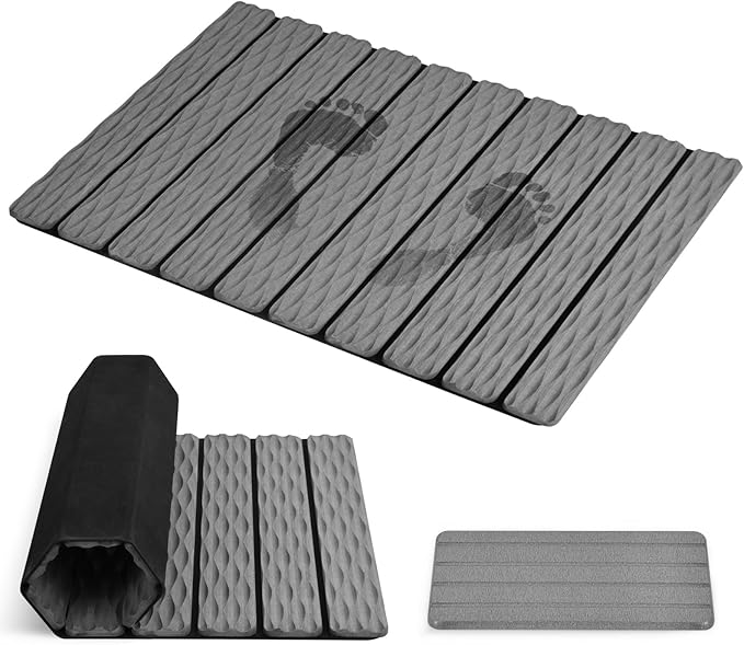 Foldable Stone Bath Mat, 2 Pcs Fast Drying Diatomaceous Earth Stone Drying Mat with Grooves on Surface, Non-Slip Rubber Base, Easy to Store and Clean (Grey, 24"x 16" & 8"x 4")