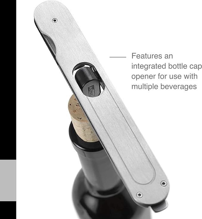 AdHoc PushPull Corkscrew Wine Opener - Multi-Purpose Stainless Steel Bottle Opener - Wine Opener with Foil Cutter & Coated Spiral Corkscrew - Integrated Bottle Cap Opener - Wipe Clean Only
