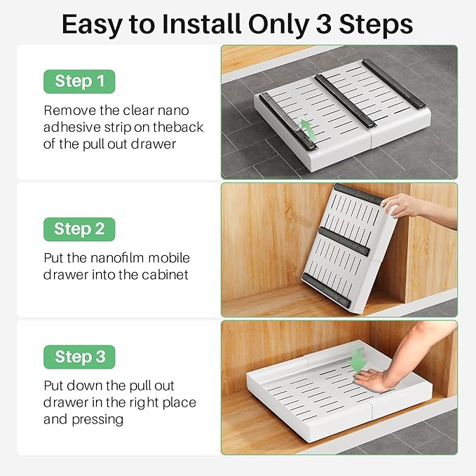 Pull out Cabinet Organizer, Expandable(12"-20") Heavy Duty Slide out Drawers Fixed with Adhesive Nano Film for Pots, Roll out Shelf Storage for Kitchen Base Cabinet, Pantry, Bathroom Cupboard