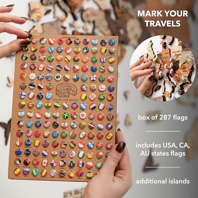 Enjoy The Wood 3D Wooden World Map Wall Art - Large Travel Map with Pins for Art Decor - Decorative Map of the World for Home, Office - Travel Wall Art Housewarming Gift Idea (Multicolor, XL, Unframed)