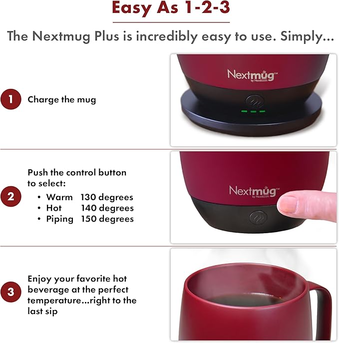 Nextmug Plus (Burgundy - 18 oz.) Temperature-Controlled, Self-Heating Mug – No App, Long-Lasting Battery for Work & Study, Great Gift for Coffee Lovers