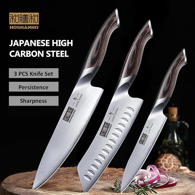 HOSHANHO 3 Pieces Knife Set, Professional Japanese Kitchen Knife Set | Ultra Sharp Japanese High Carbon Stainless Steel Chef Knives Sets with Ergonomic Pakkawood Handle