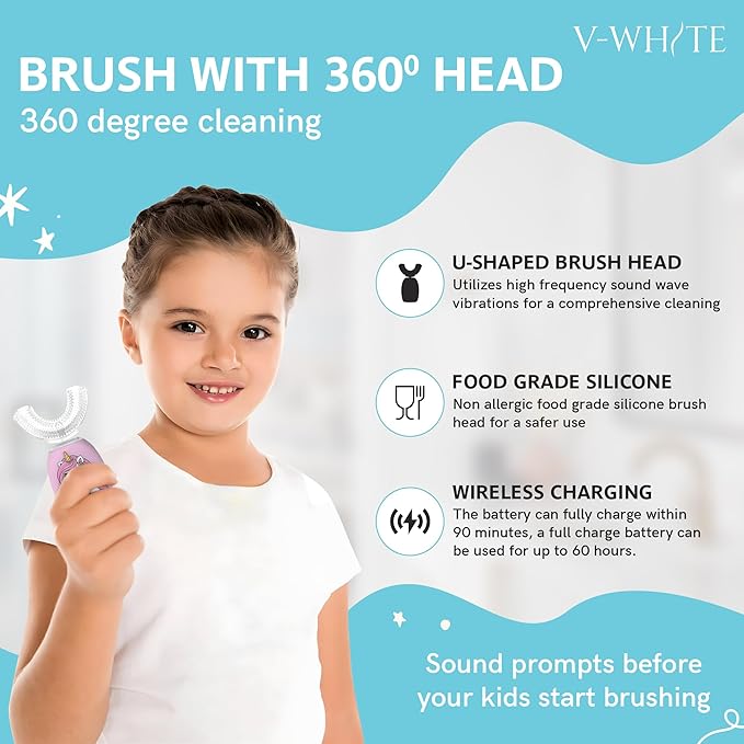 V-WHITE Kids Auto Brush Ultrasonic U-Shaped Toothbrush – 360° Teeth Cleaning, Hands-Free Electric Autobrush for Kids – Gum Protection, Waterproof IPX7, Wireless Charging (Pink)