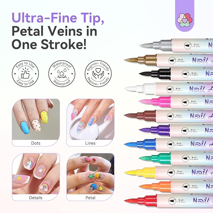 SAVILAND 12 Colors Nail Polish Pens Set: 20s Quick-Drying Dual-Tip Acrylic Paint Nail Art Pens Fine Tip for Painting Nails, Drawing Dots, Lines & Designs, Home DIY Nails Art Supplies