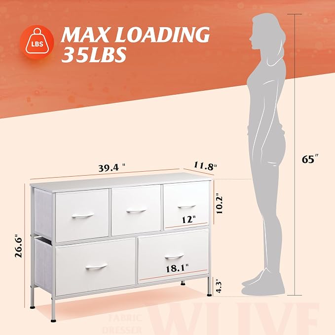 WLIVE 5 Drawer Dresser for Bedroom, Wide Chest of Drawers, White | 5 roomy fabric drawers, Wide low-profile design, Bedroom or closet use, Sturdy steel frame, Smooth wood tabletop