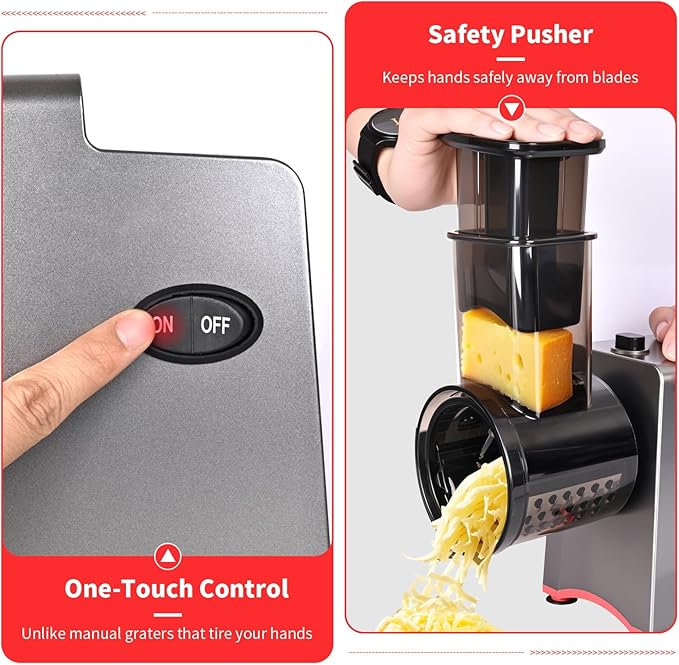 Electric Cheese Grater 250W, 7-in-1 Salad Maker & Vegetable Slicer Shredder with Widened Feeding Port for Block Cheese, Carrots, Potatoes & Fruits, Professional Food Grating Machine