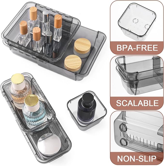 25 Pcs Clear Drawer Organizer, Adjustable Drawer Storage Box, 3-Size Desk Drawer Organizer, Acrylic Storage Bins for Makeup, Kitchen Utensils, Bedroom Dressers Tool Organizer for Gadgets, Black