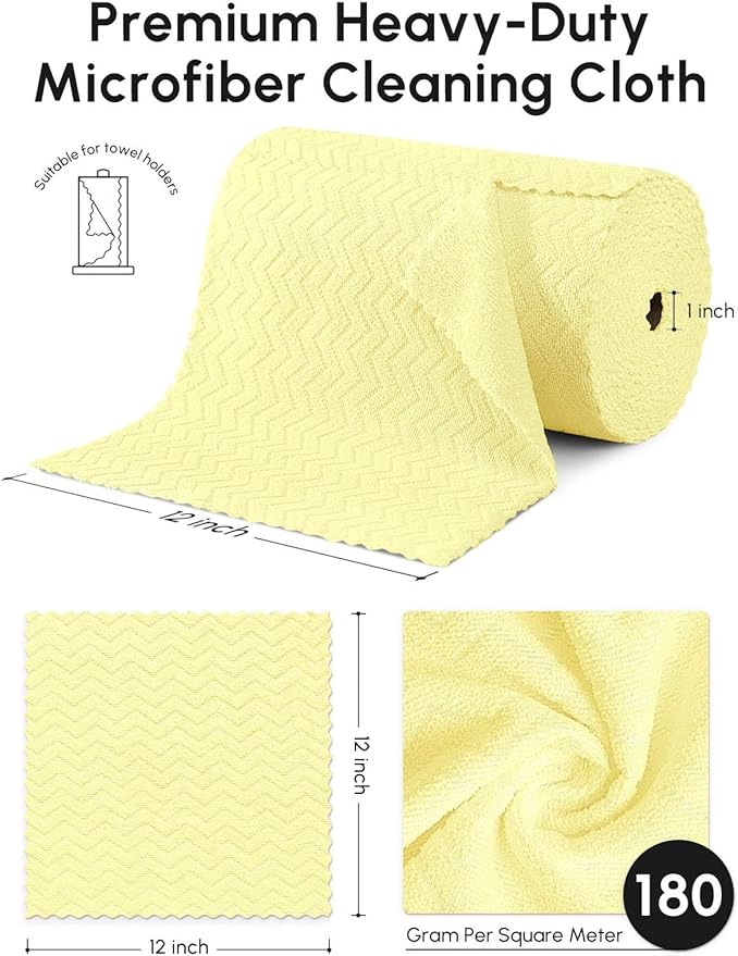 Microfiber Cleaning Cloths Roll, 75 Pack Tear Away Microfiber Towels Roll, 12" x 12" Lint Free Rags, Reusable Cleaning Cloths, Washable, Scratch Free,Ultra Absorbent Dish Rags(Yellow Ripple)