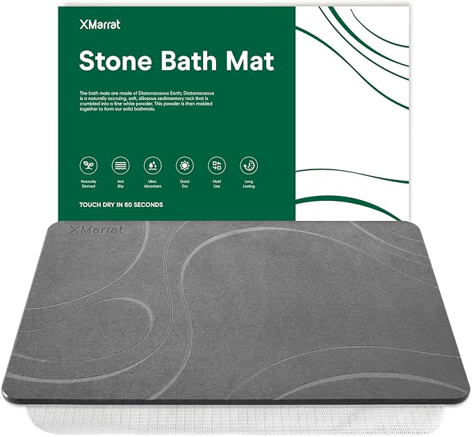 XMarrat Stone Bath Mat, Diatomaceous Earth Bath Mat, Super Absorbent Quick Drying Stone Bath Mats for Bathroom, Non-Slip Bath Stone Mat, Natural Stone Shower Mat, Easy to Clean(23.6 x 15.4 Dark Grey)