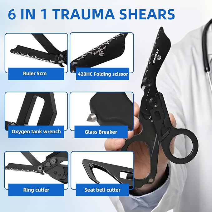 Heavy Duty 6 in 1 Multifunctional Trauma Shears Foldable | Stainless Steel Emergency Response Scissors | Survival Shears With Holster | Medical Trauma Shears Tactical With Strap Cutter | Matte Black
