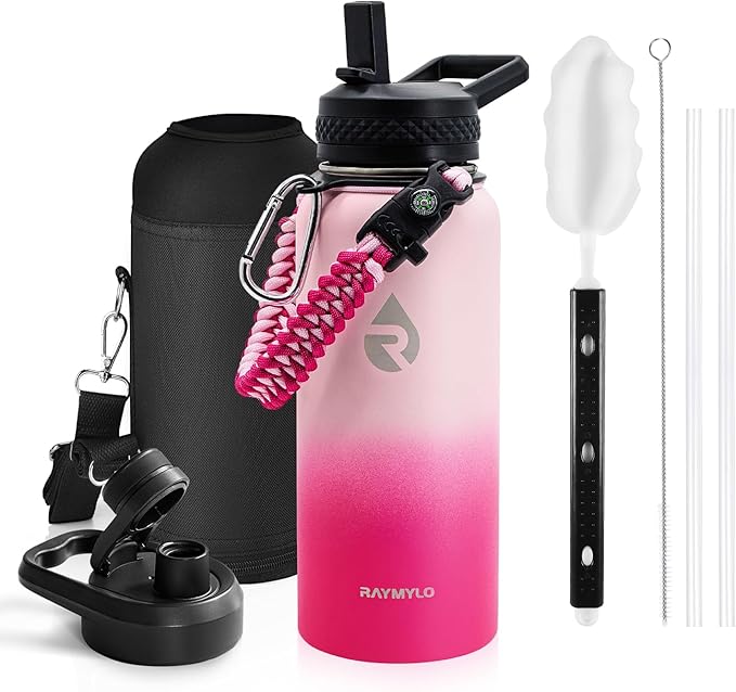 RAYMYLO Insulated Water Bottle 32 oz, Triple Wall Vacuum Stainless Steel (Cold for 24Hrs, Hot for 12Hrs), Leak Proof & Non-BPA, Modern Water Flask Jug with Paracord Handle & Straw Spout Lids