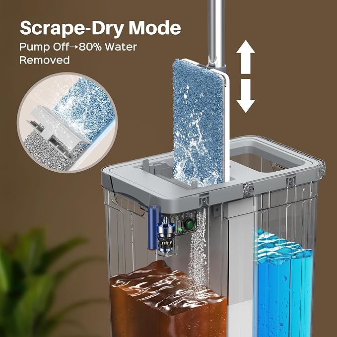 Mop and Bucket Set with Auto-Spray Cleaning, 3-Zone Separate Dirty and Clean Water, Flat Mop and Bucket System with Wringer and Wheels, 4 Reusable Pads, High-Efficiency Cleaning for Home Floor Wall