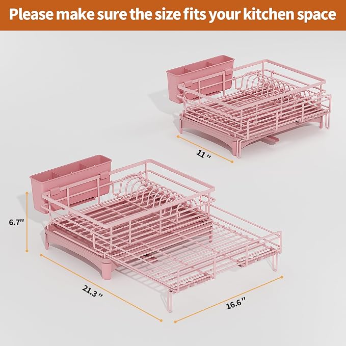 Laveshop Dish Drying Rack - Expandable Rack, Large Capacity Dish Drainer for Kitchen Counter, Rust-Proof with Utensil Holder, Pink